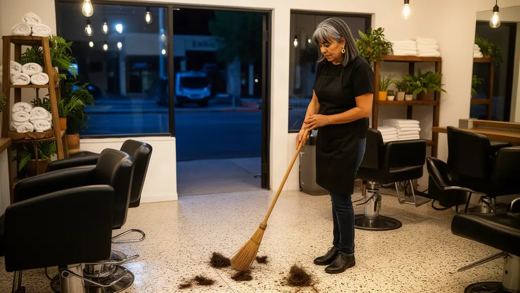 A salon owner sweeping cut hair between empty styling chairs after closing, the street dark blue outside.